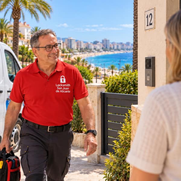 A man in a red polo shirt walks past a dark slatted metal gate towards a cream doorway marked 12, where a woman stands waiting
