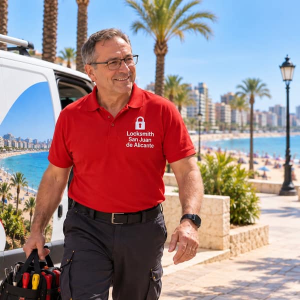 A man in a red polo shirt carrying a tool bag walks along a sunny stone promenade lined with palms and street lamps